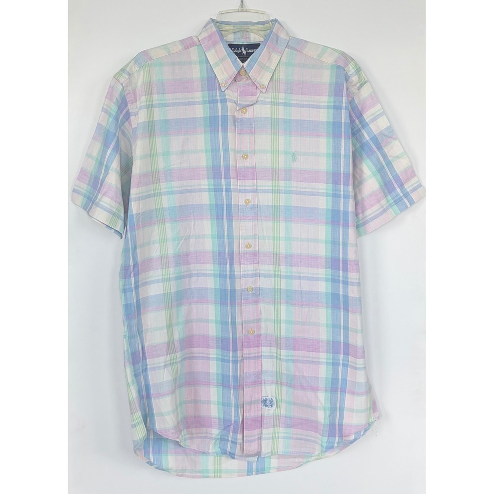 Ralph Lauren Mens Pastel Plaid Short Sleeve Button Down Shirt Made in USA Size M
